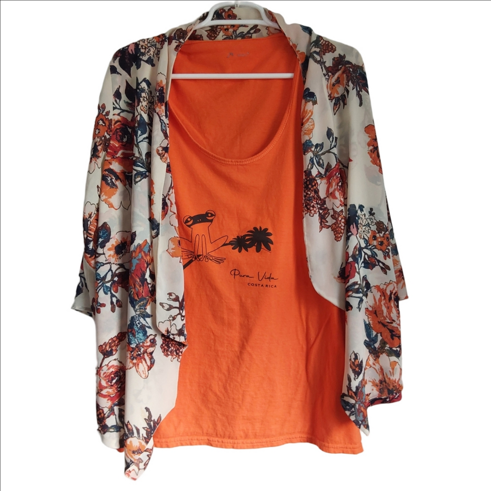 Floral Kimono and Orange Graphic Tank Top Set